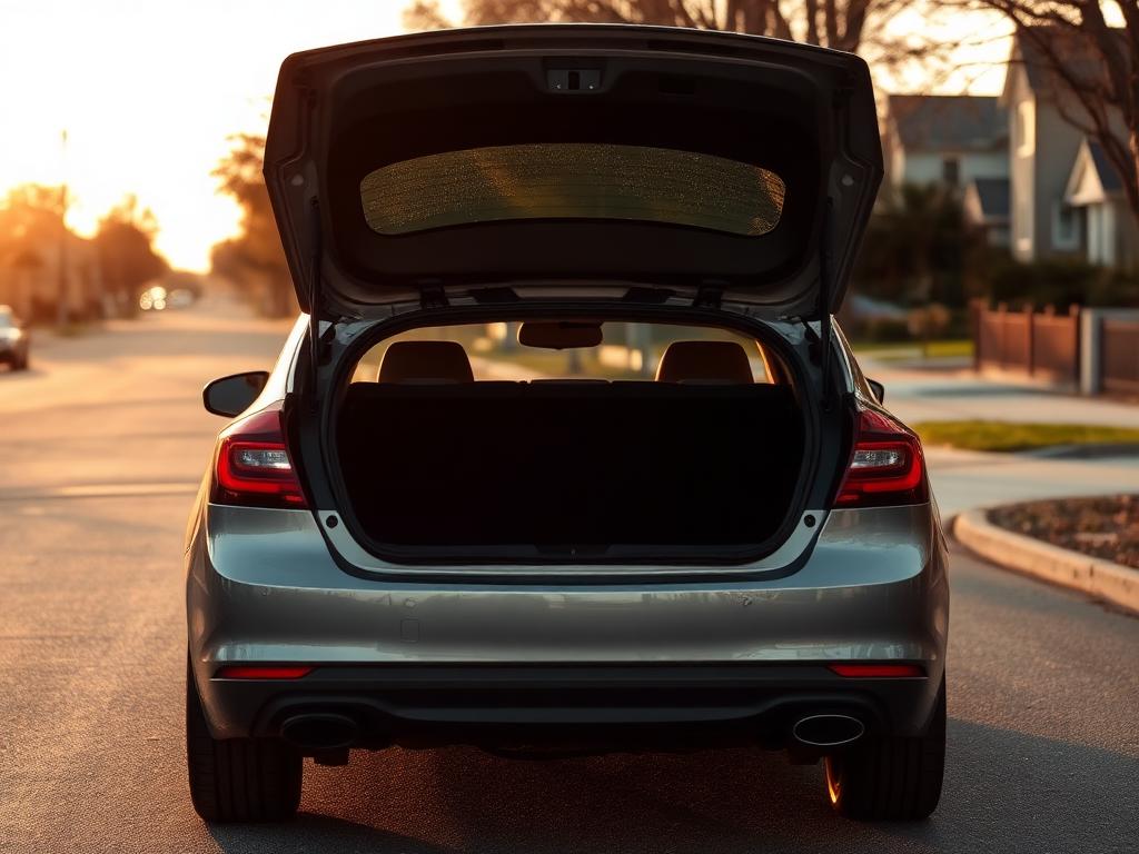 Rear view of a parked sedan on a quiet street at golden hour