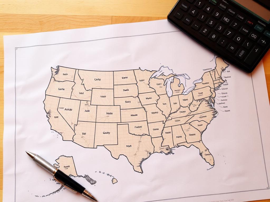 US state map with a pen and calculator on a wooden desk
